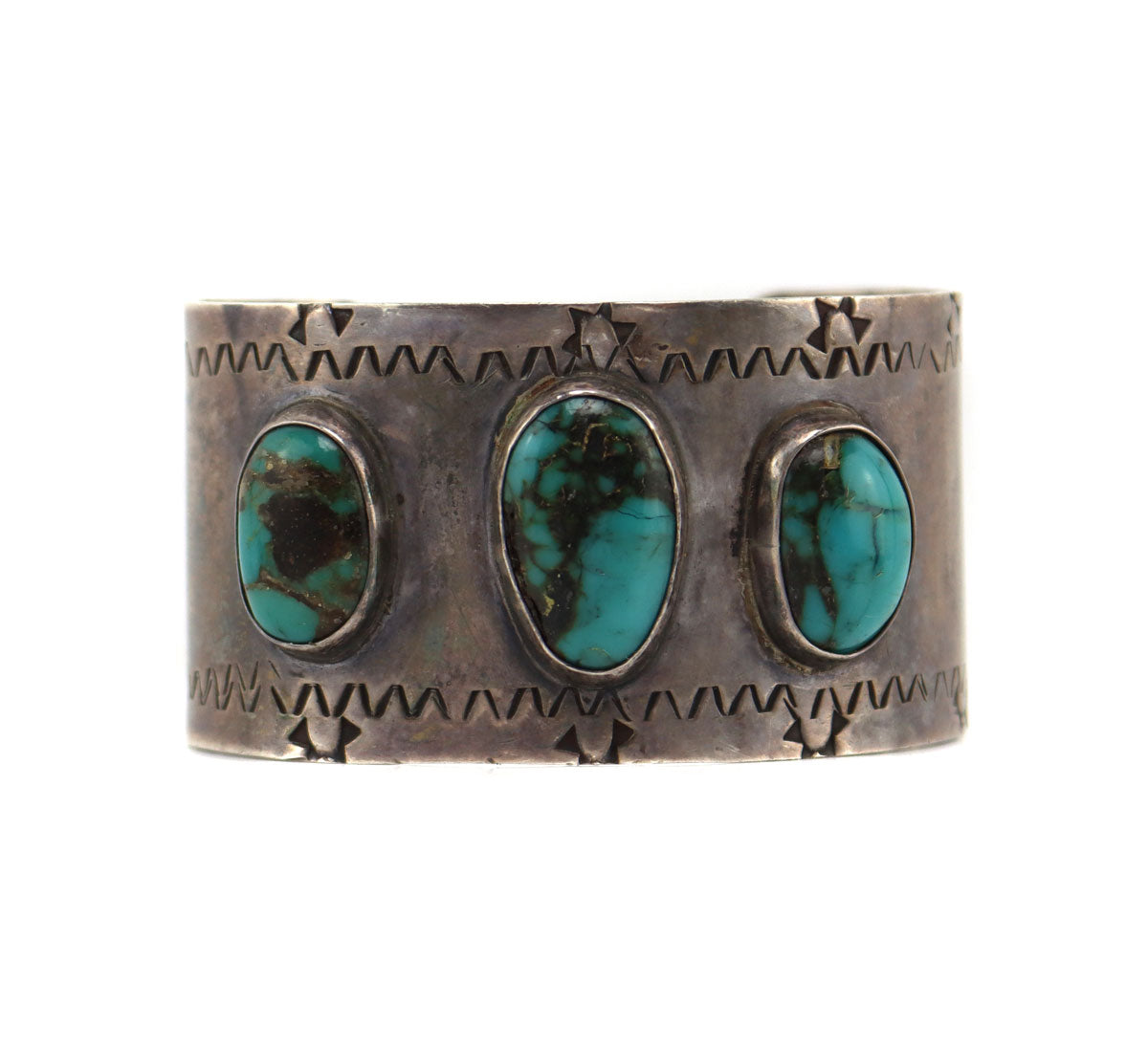 Navajo - Turquoise and Silver Bracelet with Stamped Design c. 1940-50s