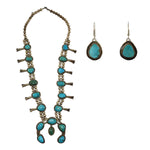 Set of Navajo Turquoise and Silver Squash Blossom Necklace and Hook Earrings c. 1960-70s