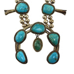 Set of Navajo Turquoise and Silver Squash Blossom Necklace and Hook Earrings c. 1960-70s