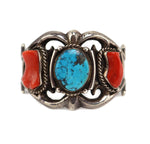 Navajo - Turquoise, Coral, and Silver Sandcast Bracelet c. 1950-60s, size 6.75