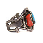 Navajo - Turquoise, Coral, and Silver Sandcast Bracelet c. 1950-60s, size 6.75