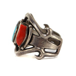 Navajo - Turquoise, Coral, and Silver Sandcast Bracelet c. 1950-60s, size 6.75