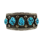 Navajo - Turquoise and Silver Overlay Bracelet with Flower Designs c. 1960-70s, size 6.875