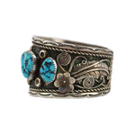 Navajo - Turquoise and Silver Overlay Bracelet with Flower Designs c. 1960-70s, size 6.875