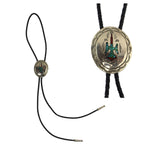 Willie Nezzie (b. 1950) - Navajo - Turquoise and Coral Chip Inlay and Silver and Leather Bolo Tie c. 1970-80s, 2" x 1.5" bolo