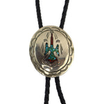 Willie Nezzie (b. 1950) - Navajo - Turquoise and Coral Chip Inlay and Silver and Leather Bolo Tie c. 1970-80s, 2" x 1.5" bolo