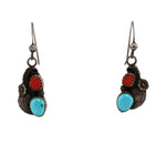 Navajo - Turquoise and Coral French Hook Earrings with Floral Design c. 1960s, 1.375" x 0.5"