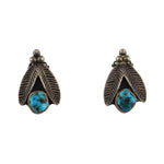 Navajo - Turquoise and Silver Post Earrings with Feather Design c. 1960s, 1.125" x 0.75"