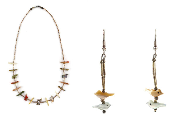 Zuni - Multi-Stone and Heishi Bird Fetish Necklace and French-hook Earrings  Set c. 1960-70s (J16028-009)