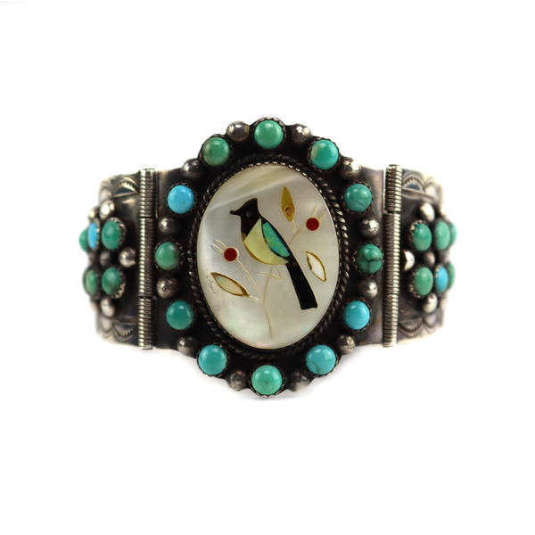 Zuni - Multi-Stone Inlay, Turquoise Cluster, and Silver Link Bracelet