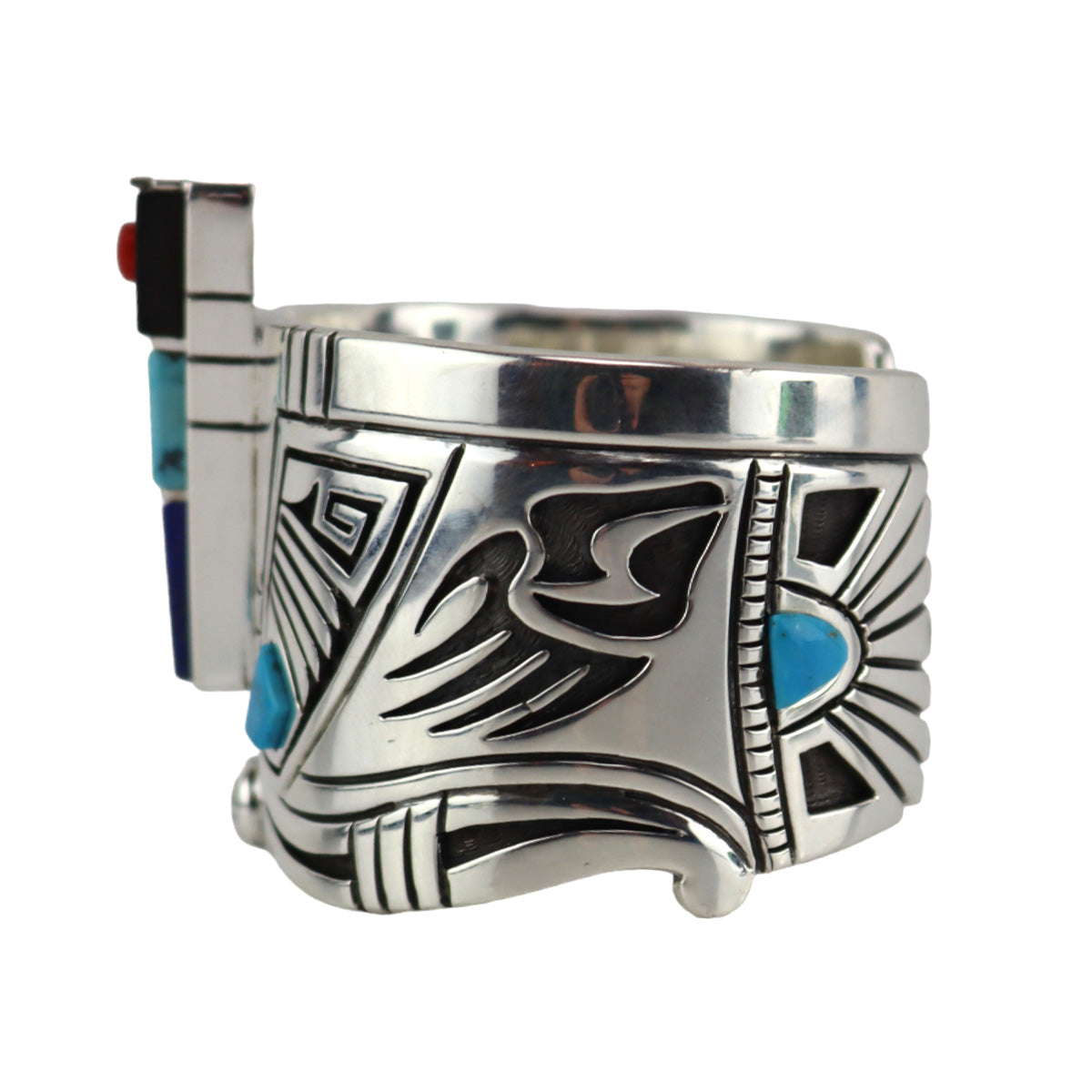 Roy Talahaftewa - Hopi - Contemporary Multi-Stone Inlay and Sterling Silver  Overlay Bracelet with Bear Claw Design, size 7 (J16132)