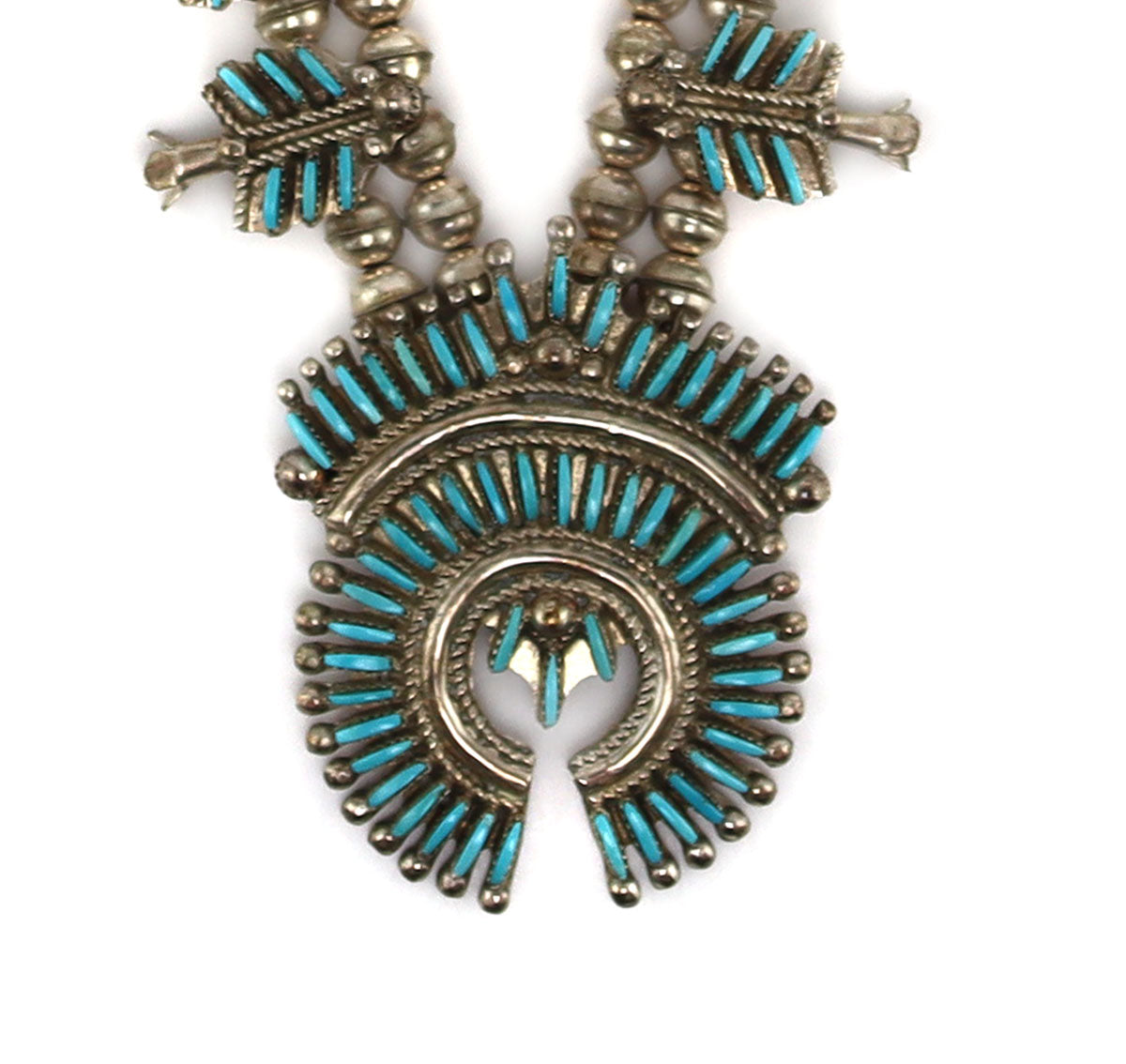 Zuni - Turquoise Petit Point and Silver Squash Blossom Necklace c. 1960s,  22