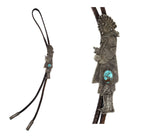 Oreland Joe Sr. (b. 1958) - Navajo - Contemporary Turquoise, Silver Tufacast, and Leather Bolo Tie, 5.75" x 1.5" bolo