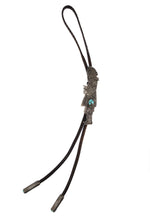 Oreland Joe Sr. (b. 1958) - Navajo - Contemporary Turquoise, Silver Tufacast, and Leather Bolo Tie, 5.75" x 1.5" bolo