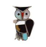 Zuni - Multi-Stone and Silver Channel Inlay Owl Ring c. 1950-60s, size 5.5