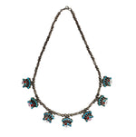 Zuni - Multi-Stone Channel Inlay and Silver Necklace and Screw-back Earrings Set with Sunface Kachina Design c. 1960s