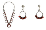 Zuni - Coral Petit Point and Silver Squash Blossom Necklace and Screw-back Earrings Set c. 1960-70s