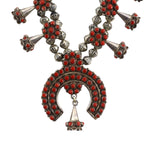 Zuni - Coral Petit Point and Silver Squash Blossom Necklace and Screw-back Earrings Set c. 1960-70s