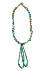 Navajo - 2-Strand Turquoise Coral, and Heishi Necklace with Pair of Jocla Pendants c. 1940s, 26" length