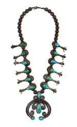 Lewis Lomay (1913-1996) - Hopi - Turquoise and Silver Squash Blossom Necklace c. 1950s, 25" length