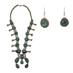 Navajo Turquoise and Silver Squash Blossom Necklace and Hook Earrings Set c. 1960-70s