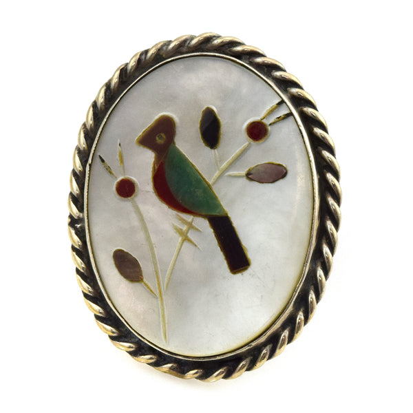 Zuni Multi-Stone Inlay and Silver Bird Ring c. 1950s, size 7 (J11188)