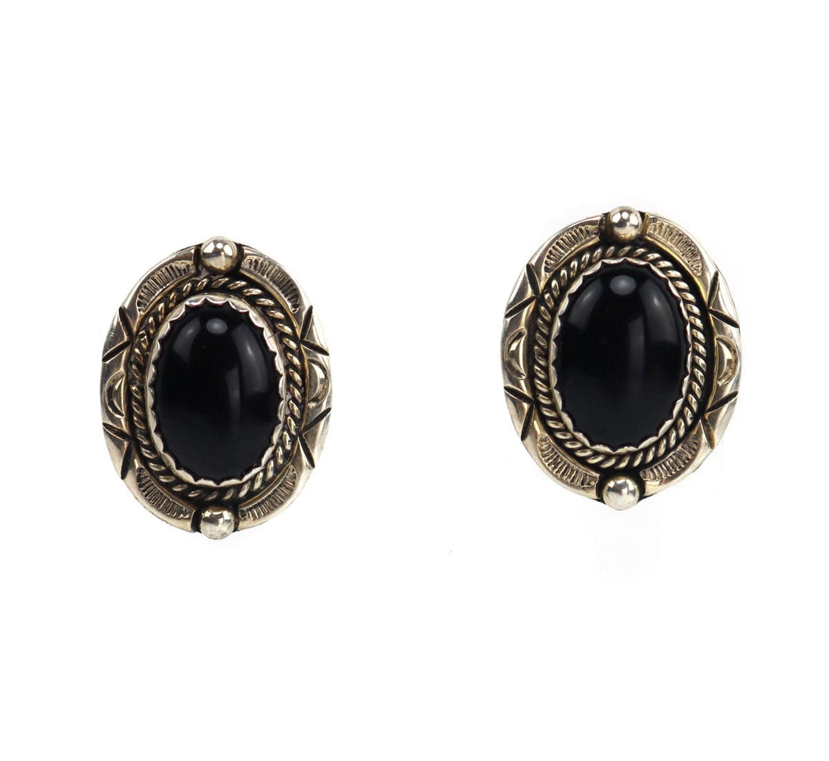 Navajo Onyx and Silver Clip-on Earrings c. 1960s, 1.125