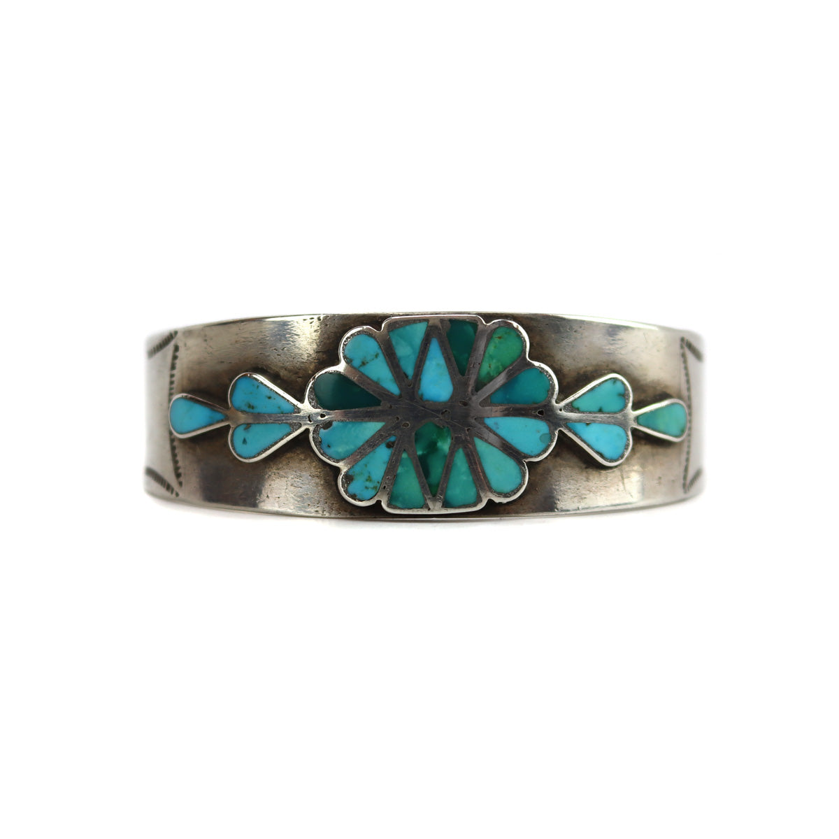 Zuni - Turquoise Channel Inlay and Silver Bracelet with Stamped Design c.  1940s, size 6.25 (J15863)