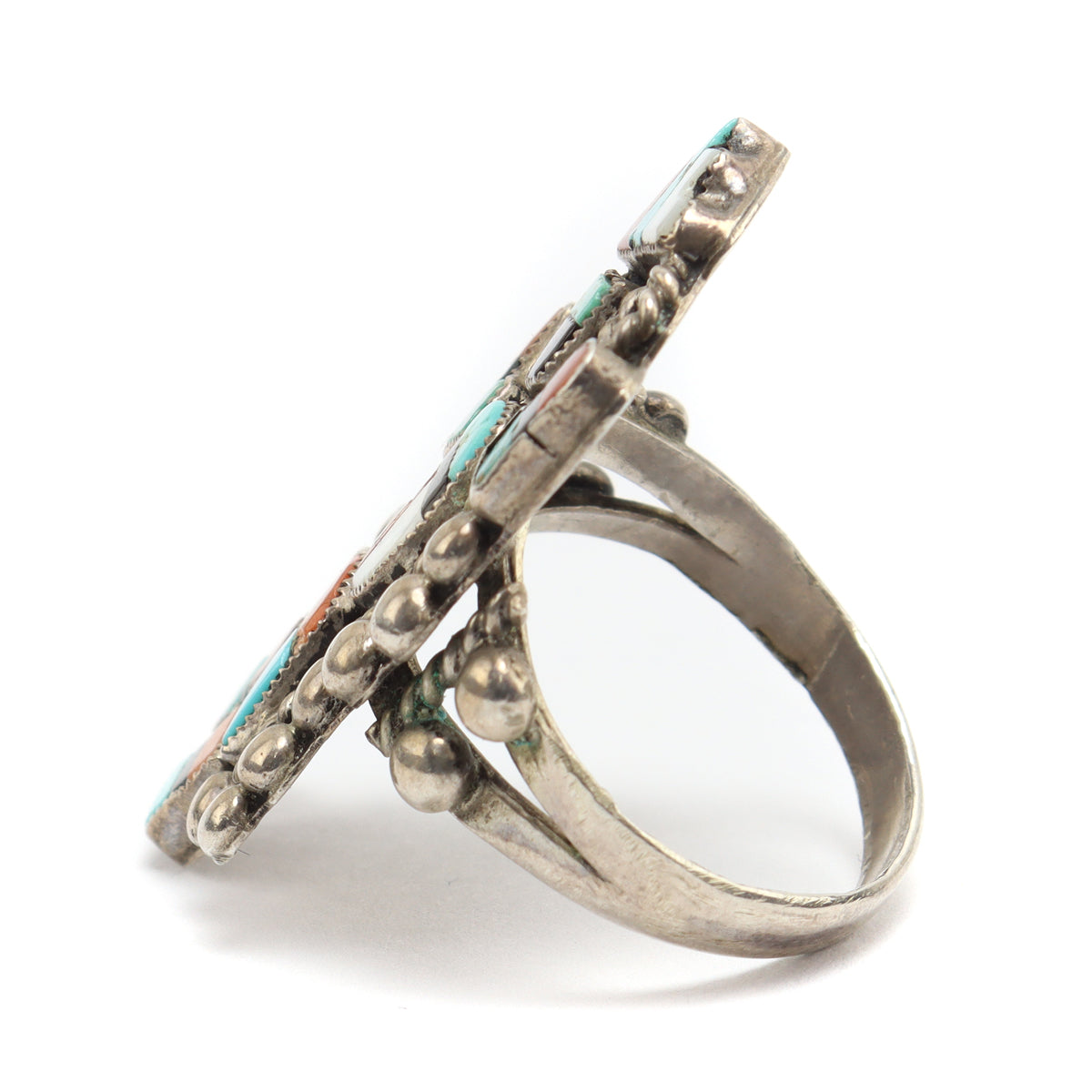 Zuni Multi-Stone Inlay and Silver Rainbow God Ring c. 1950-60s, size 6  (J91868A-0121-028)