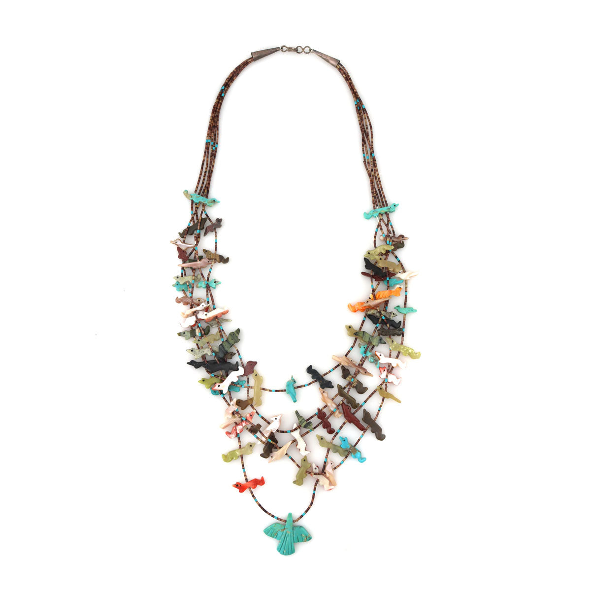 Zuni 5-Strand Multi-Stone Bird Fetish and Heishi Necklace c. 1970-80s, 30