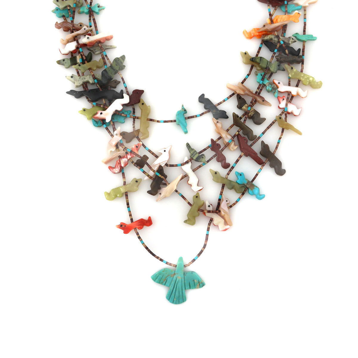 Zuni 5-Strand Multi-Stone Bird Fetish and Heishi Necklace c. 1970-80s, 30